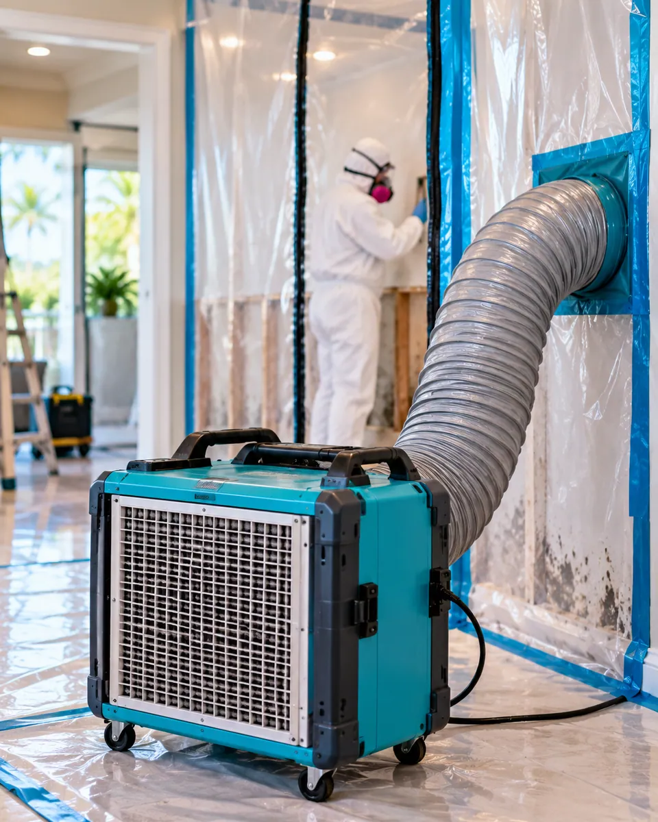 HEPA air scrubber and containment during mold remediation in Pahokee