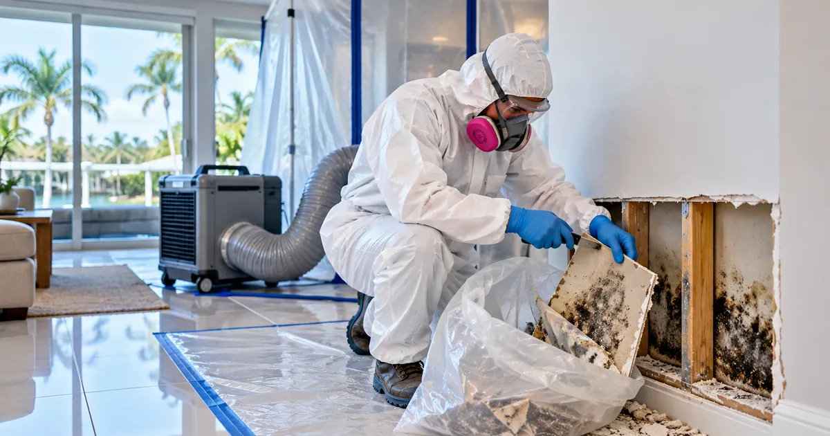 Odor-First Mold Removal in Pahokee, FL — technician removing mold under containment